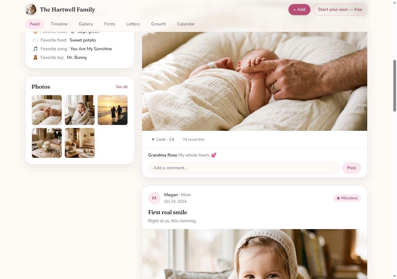 A private feed your family checks in on — with reactions and comments from your circle