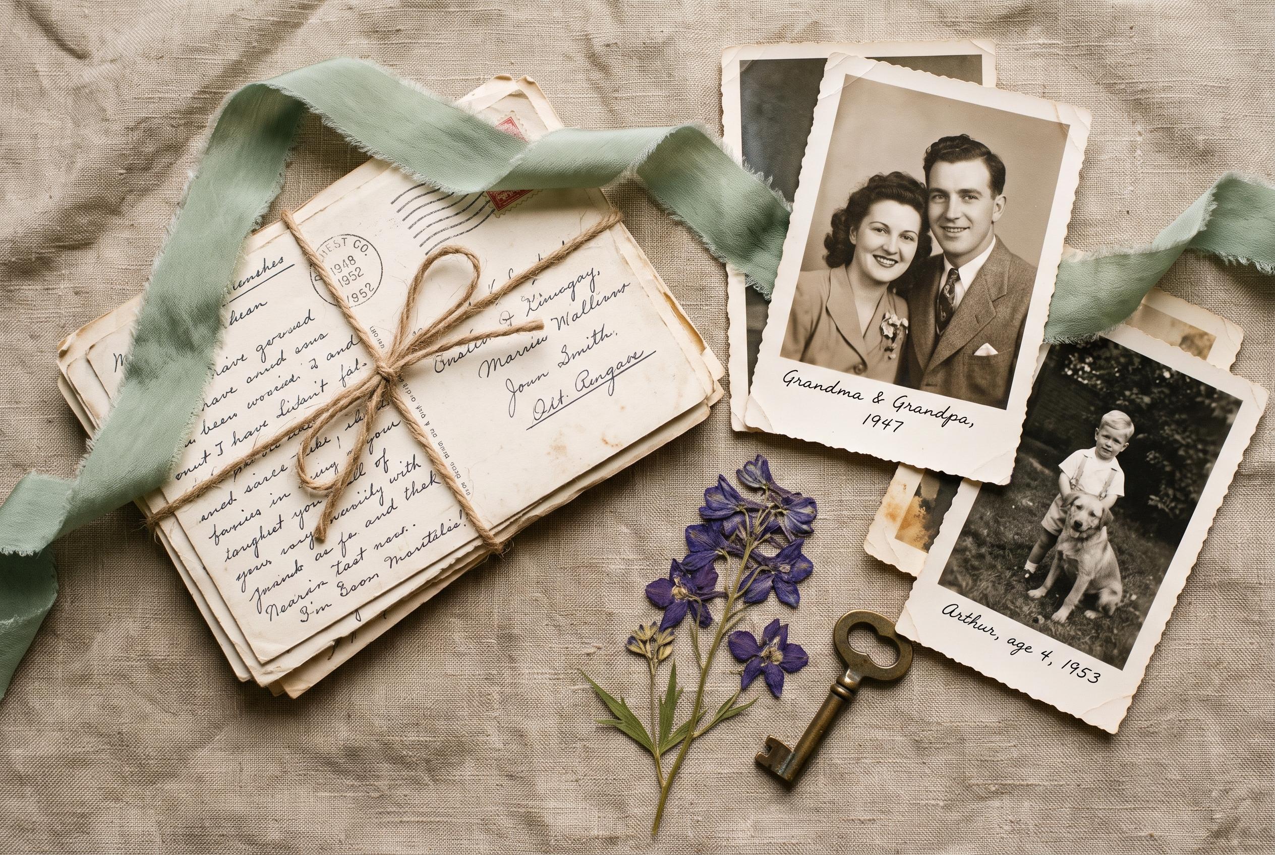 Handwritten letters and photographs kept together